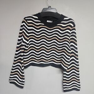 Cropped Knit Sweater Women's Xxsmall Oversized Striped Black, White, and Tan